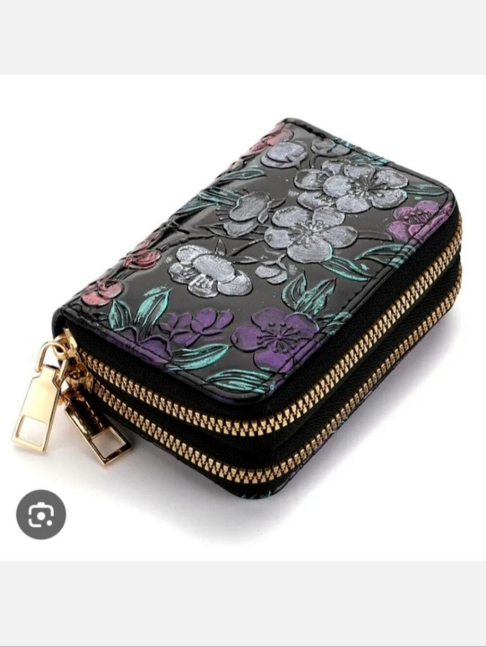 Small Black Wallet Faux Leather Accordion Card Case Metallic Floral Double Zip